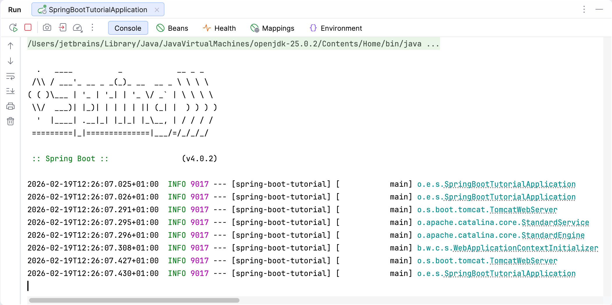 The Run tool window with a running Spring Boot application The Run tool window with a running Spring Boot application