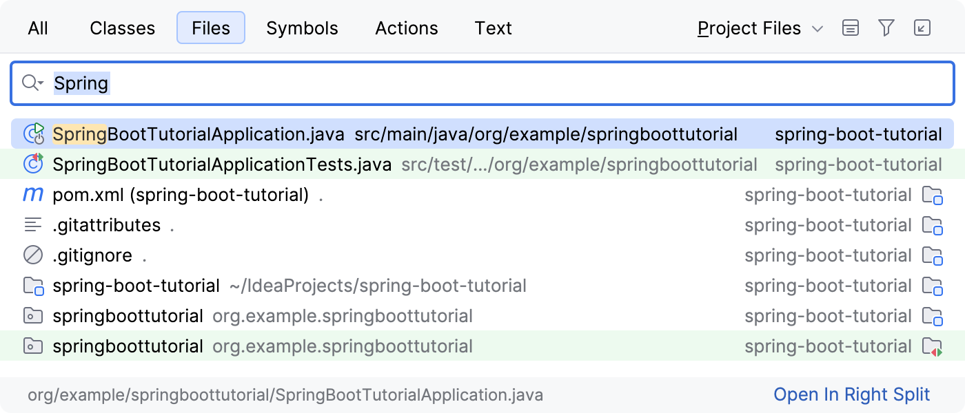 Using Go To File to open SpringBootTutorialApplication.java