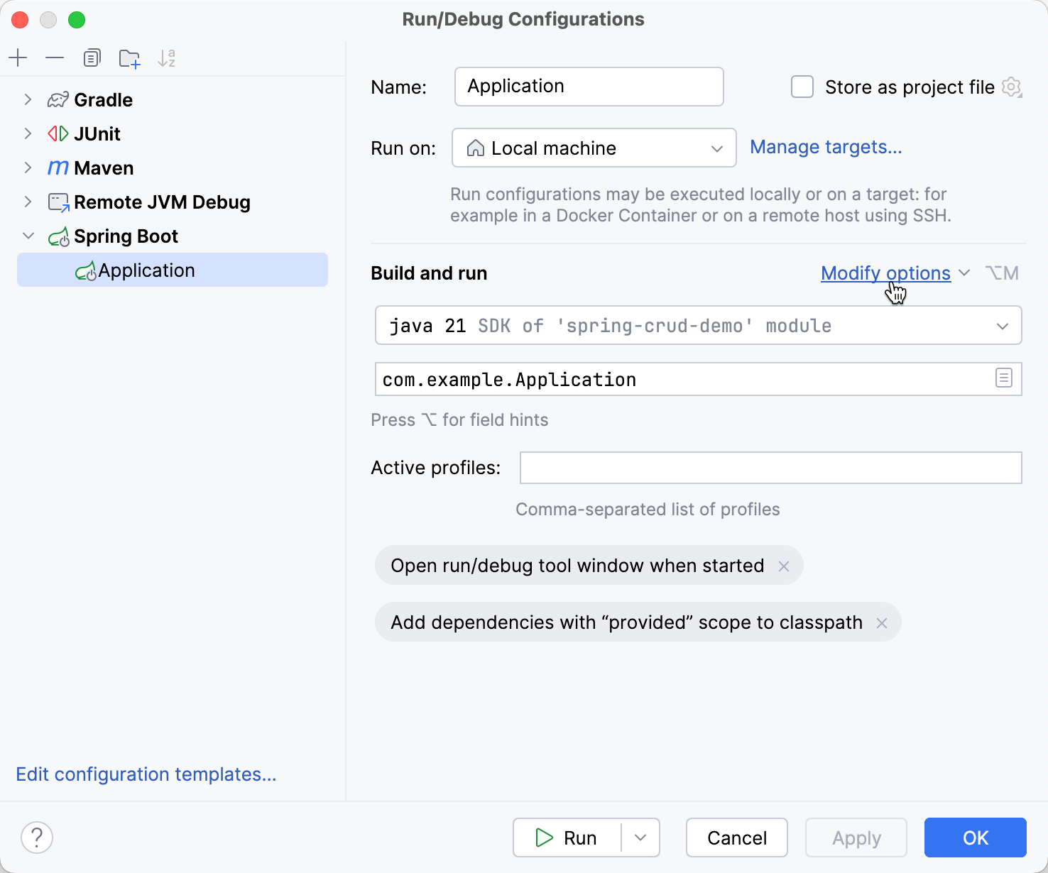 'Modify Options' button in run configuration settings 'Modify Options' button in run configuration settings