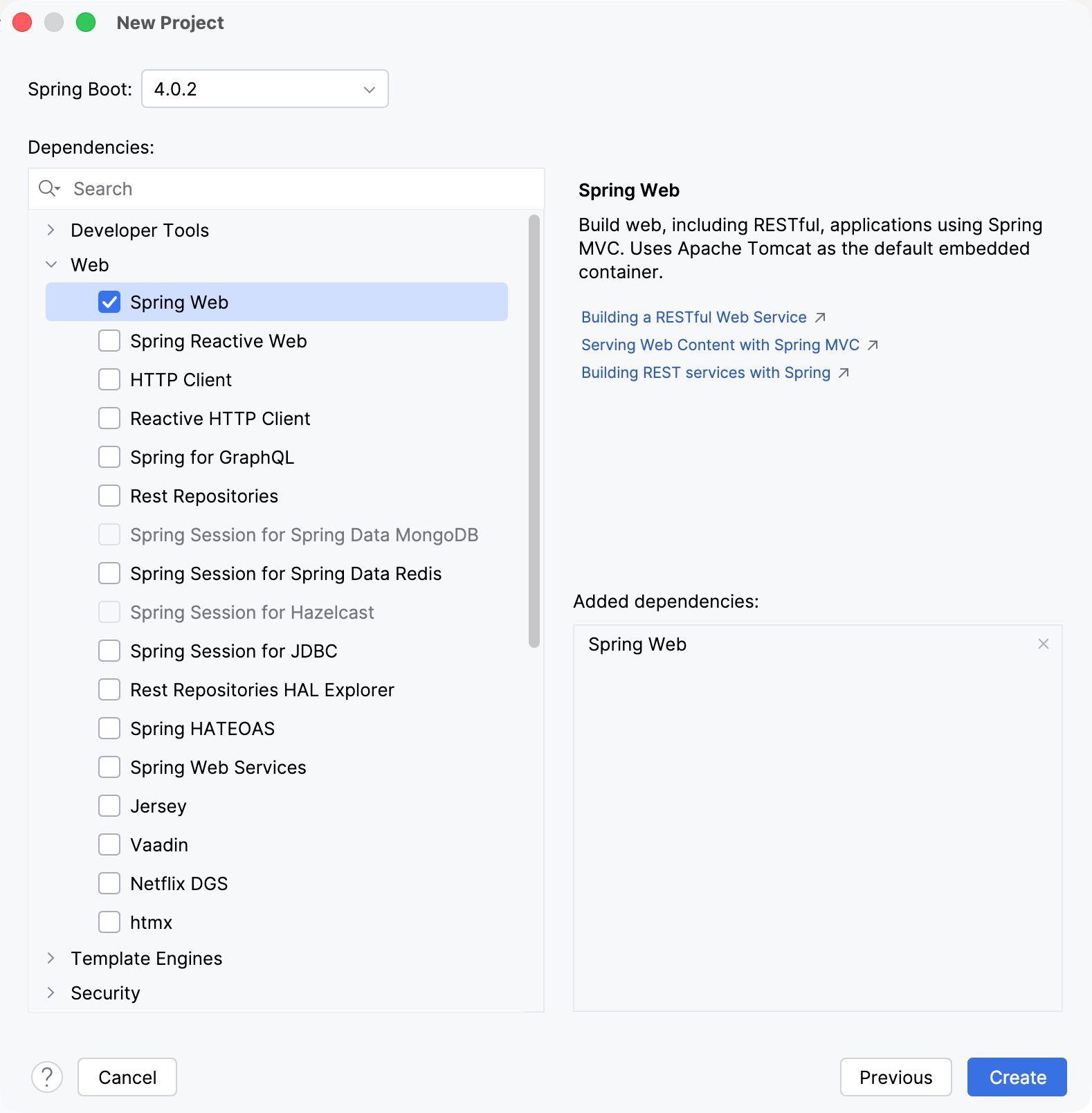 Spring Dependencies in the New Project wizard Spring Dependencies in the New Project wizard