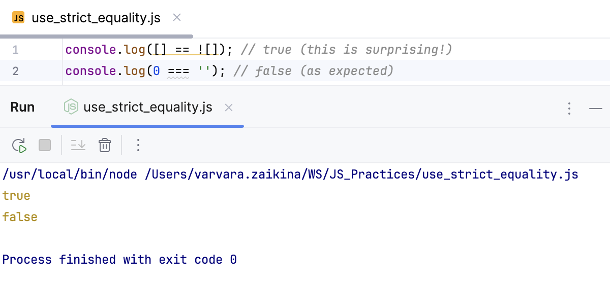 Expected result with strict equality
