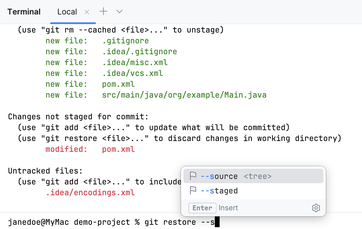 Completion of commands in the terminal
