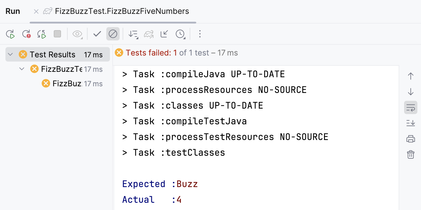 Run tool window / test failed Run tool window / test failed