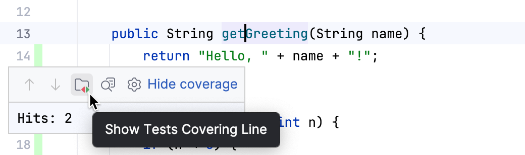 Show Tests Covering Line button in the popup that appears on clicking the coverage highlighting Show Tests Covering Line button in the popup that appears on clicking the coverage highlighting