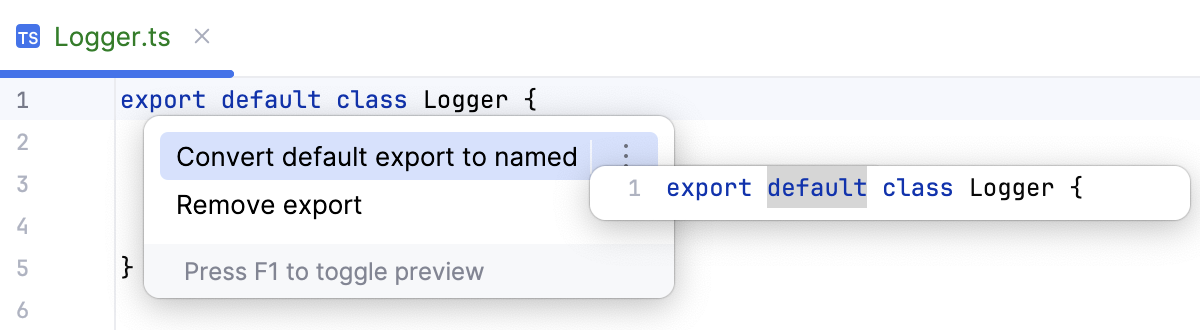 Invoke export default conversion from an export statement Invoke export default conversion from an export statement