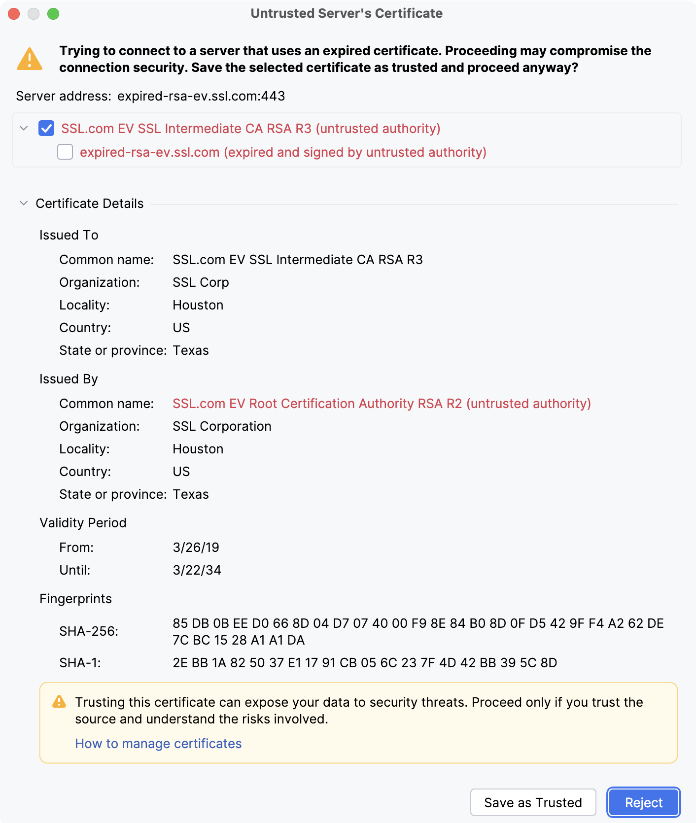 Untrusted Server's Certificate dialog