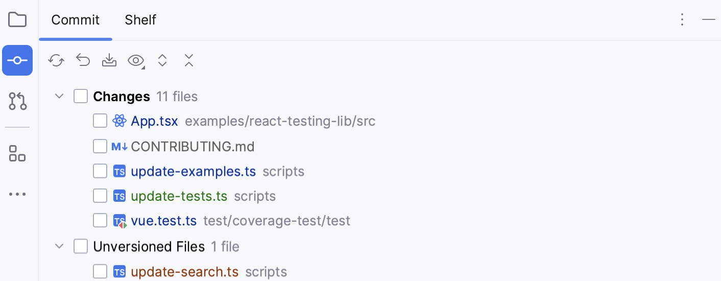 Files with various statuses in the Version Control tool window