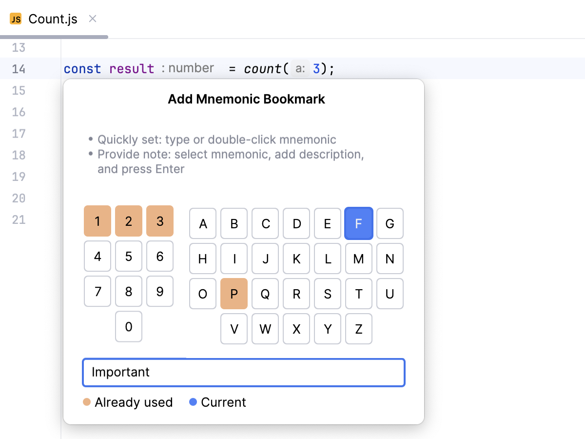 Adding a mnemonic bookmark: select an identifier Adding a mnemonic bookmark: select an identifier