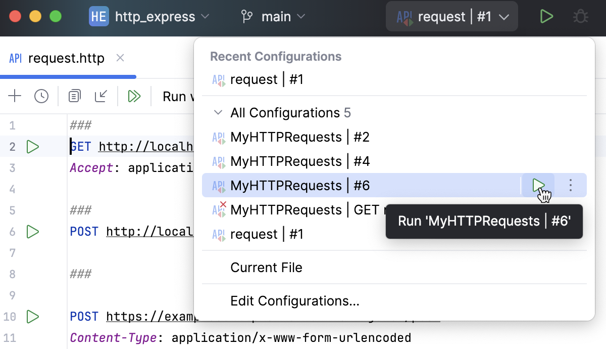 Run configuration popup Run configuration popup
