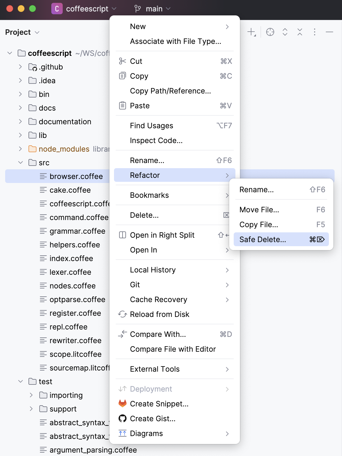 Refactoring CoffeeScript - invoke actions from the Project tool window
