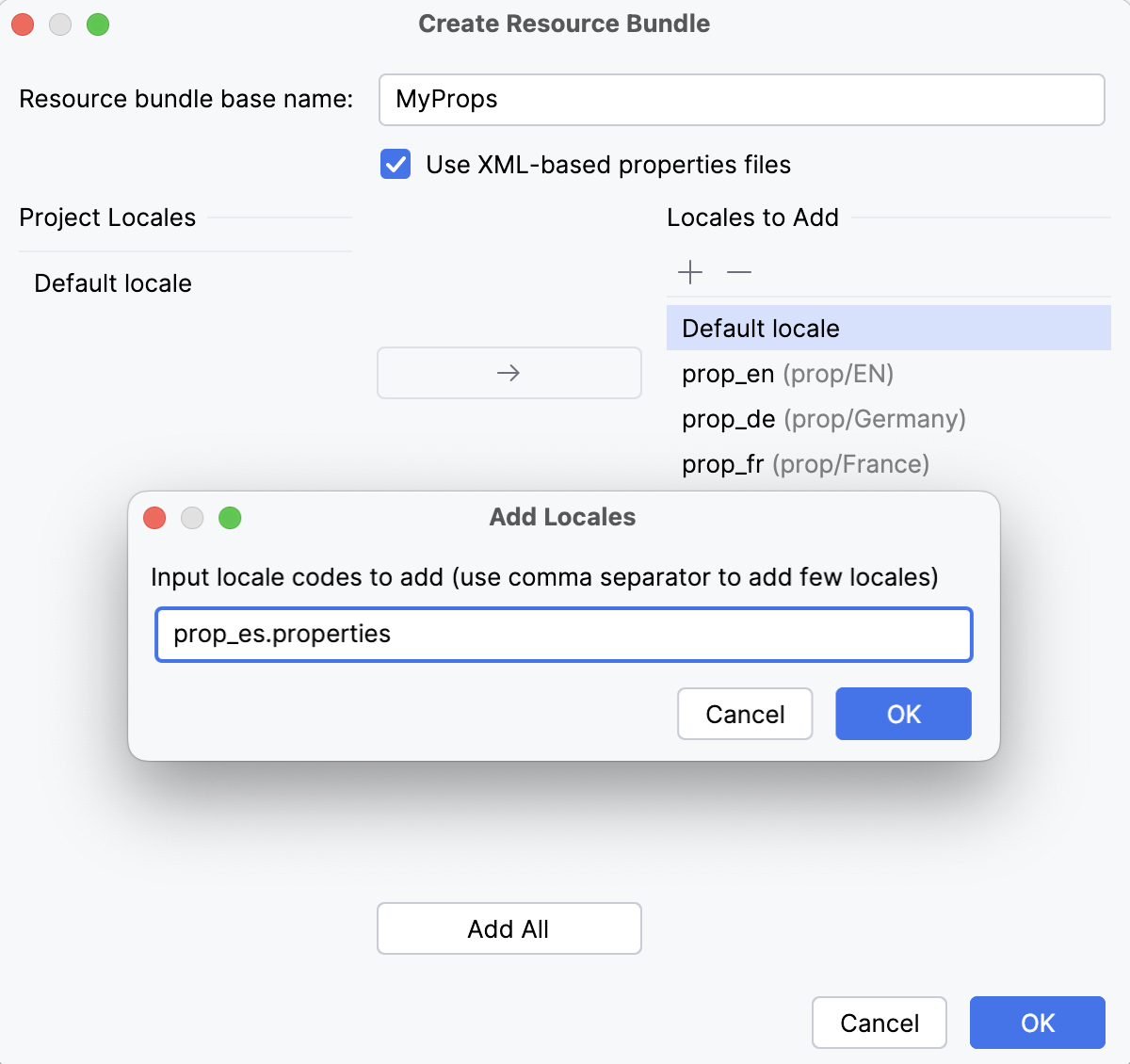 Create resource bundle dialog Create resource bundle dialog