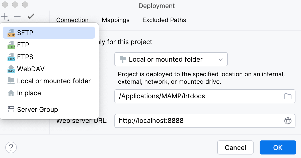Create a remote server configuration (SFTP): select server type