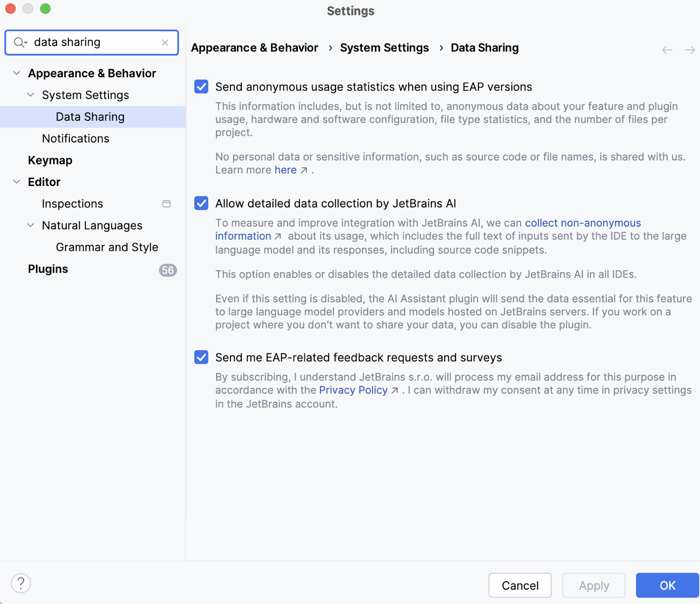 Data Sharing dialog in the EAP version