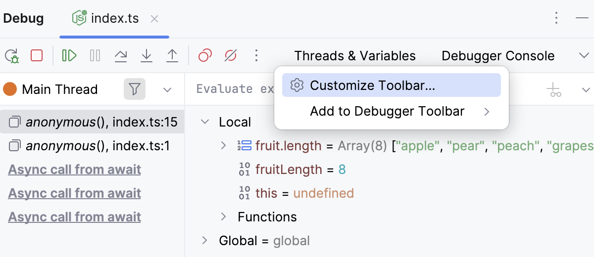 Customize stepping toolbar - context menu