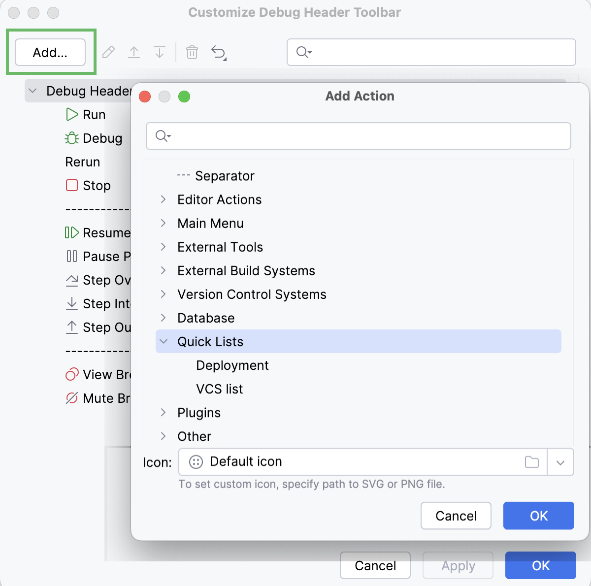 Customize Debugger Toolbar — Add Action dialog