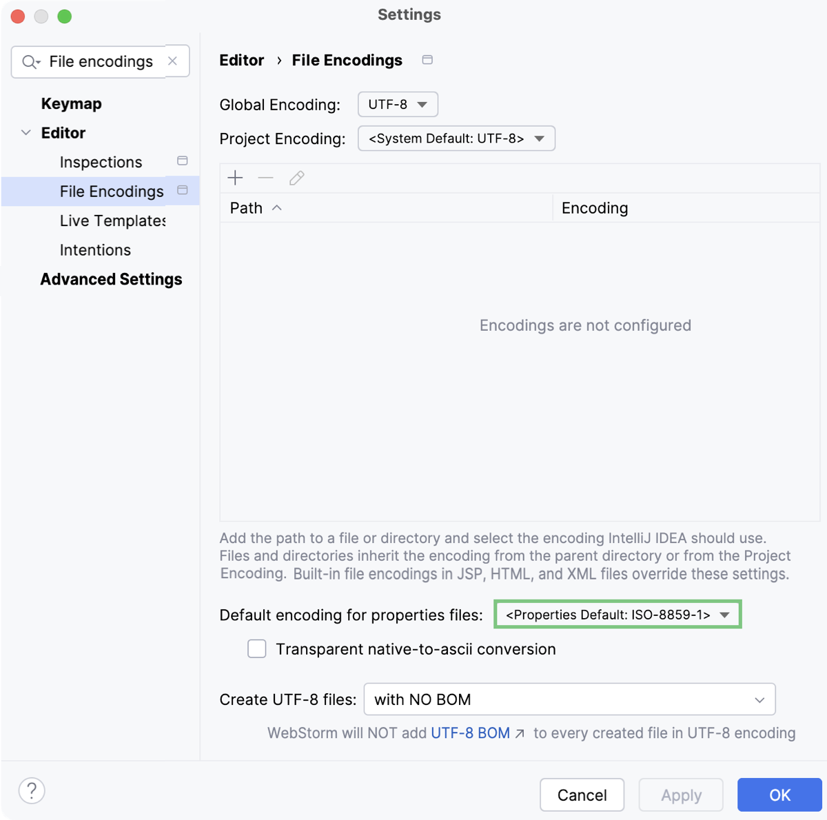 The default properties file encoding setting