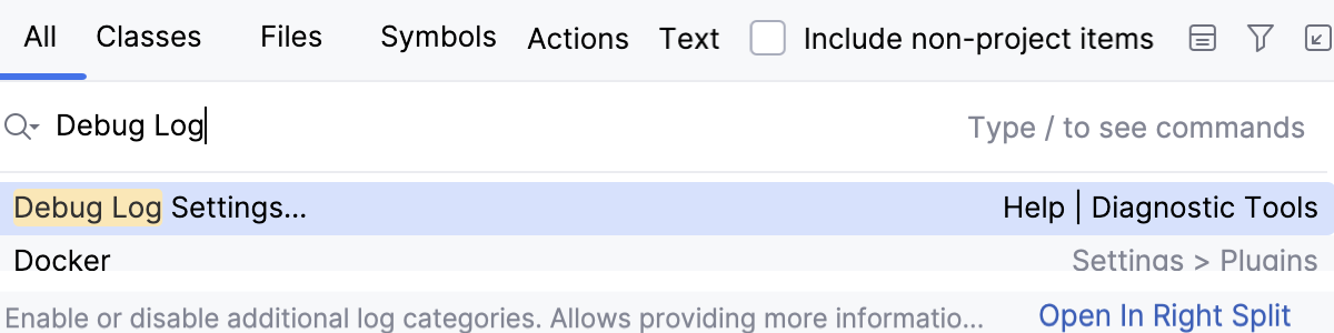 Find action: Debug Log Settings