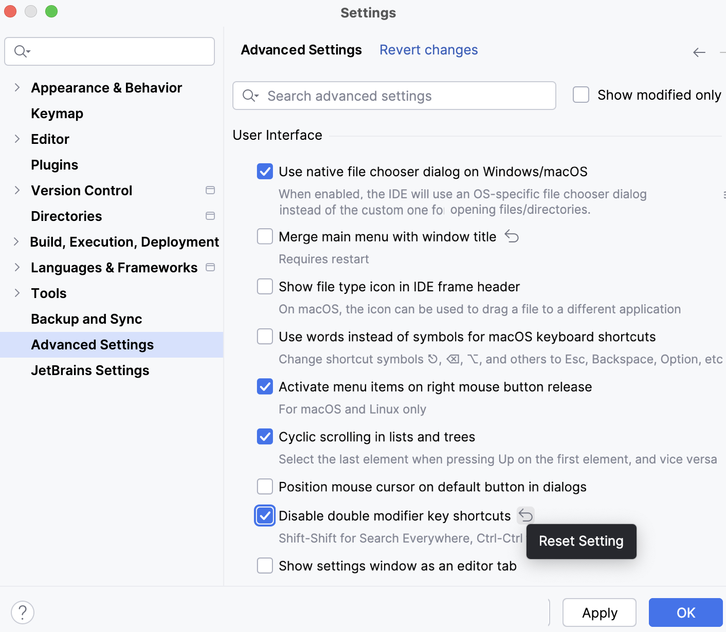 Disabling the double-key shortcuts