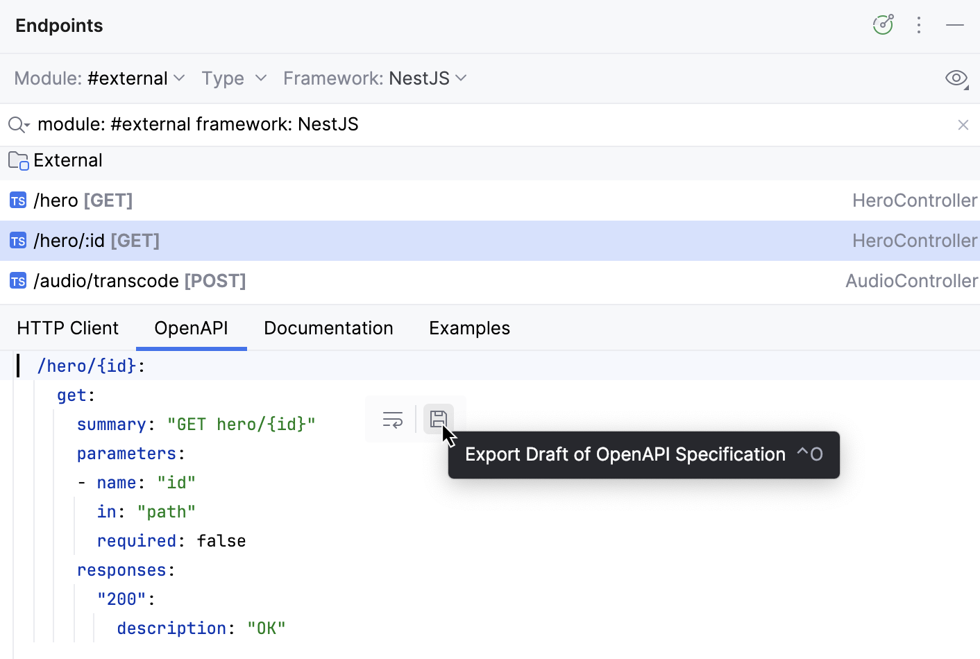 Endpoints tool window: OpenAPI tab