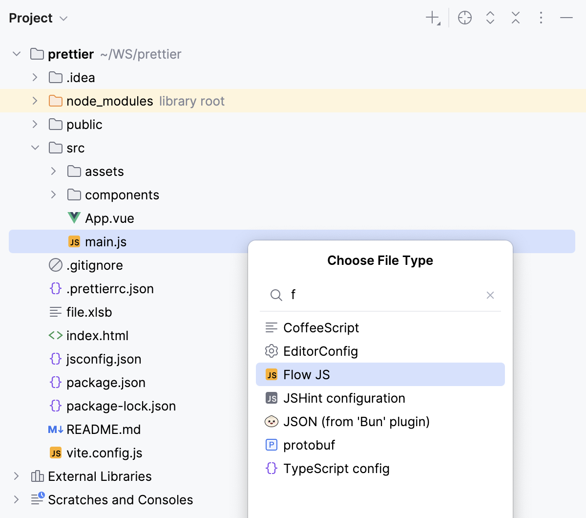 Changing the file type from the Project tool window