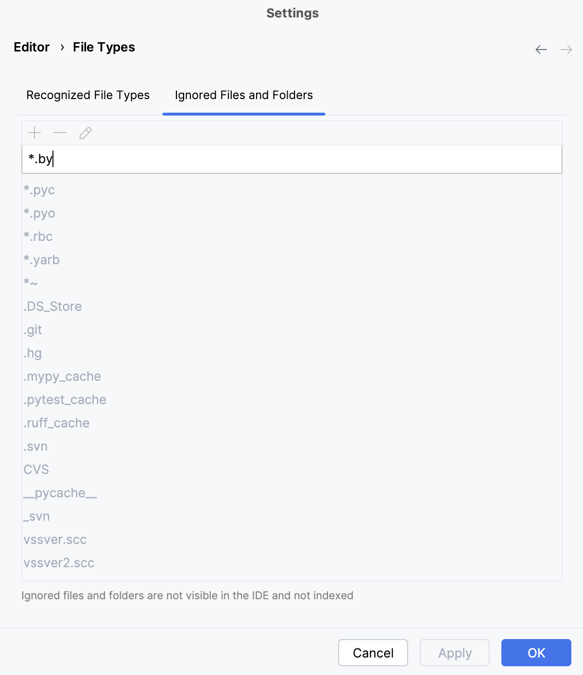Adding files and folders to the list of ignored items