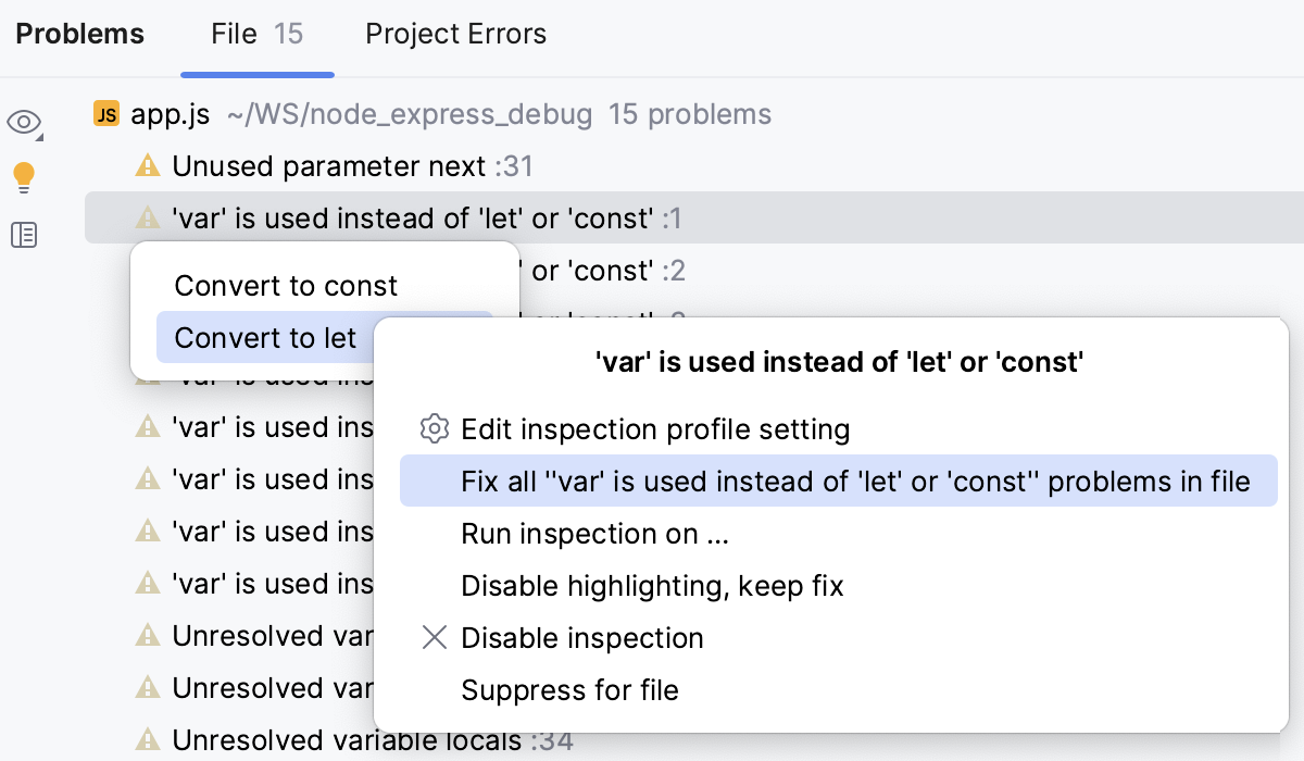 Problems tool window: fix all occurrences of a problem in the current file Problems tool window: fix all occurrences of a problem in the current file