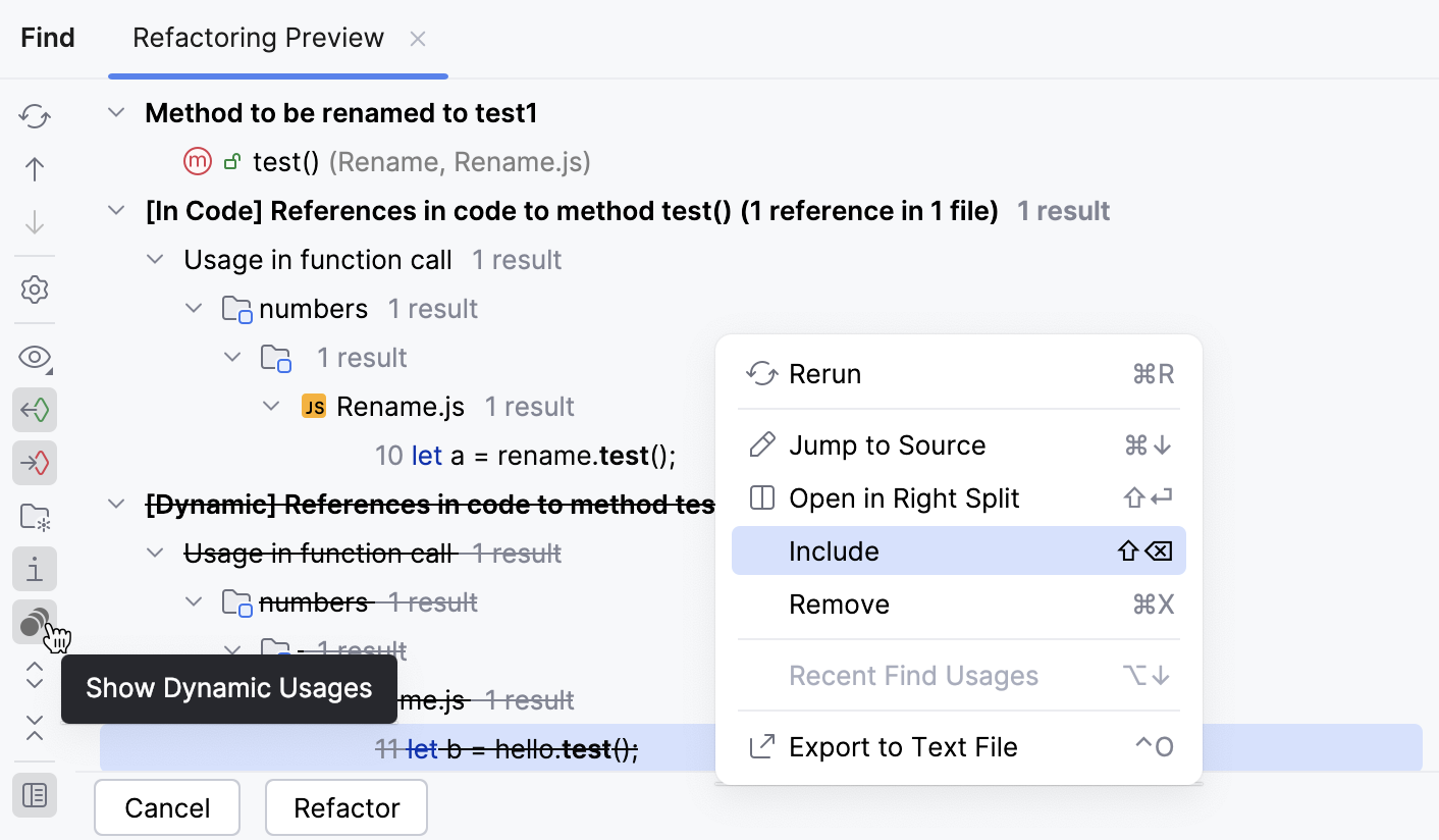 Refactoring preview for dynamic usages