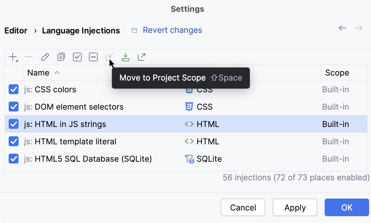 Language injection settings