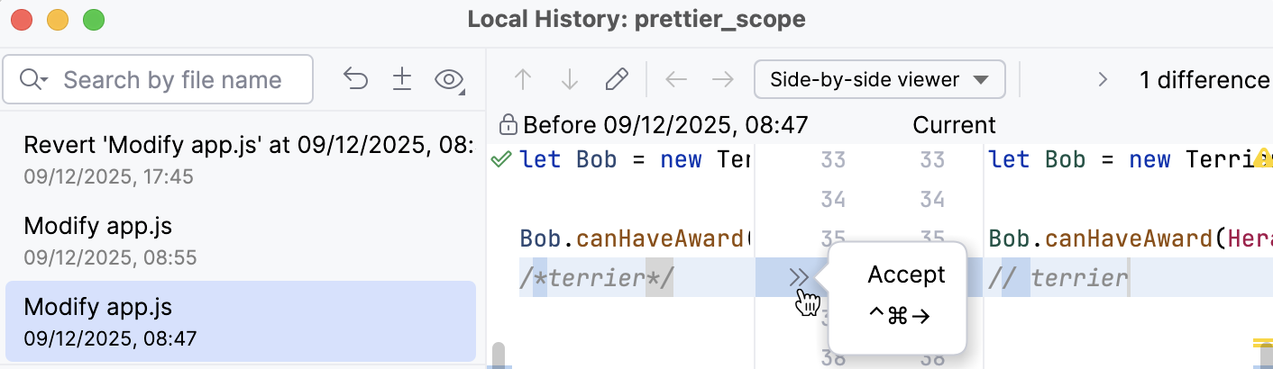 Restore code fragment from Local History