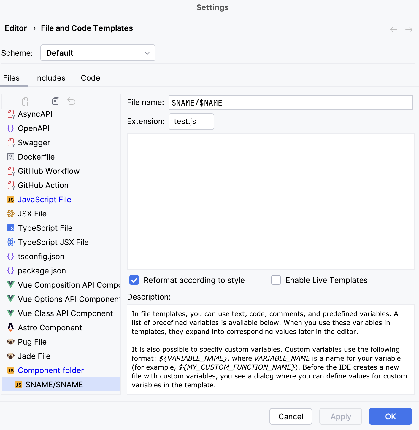 Create a child template: test
