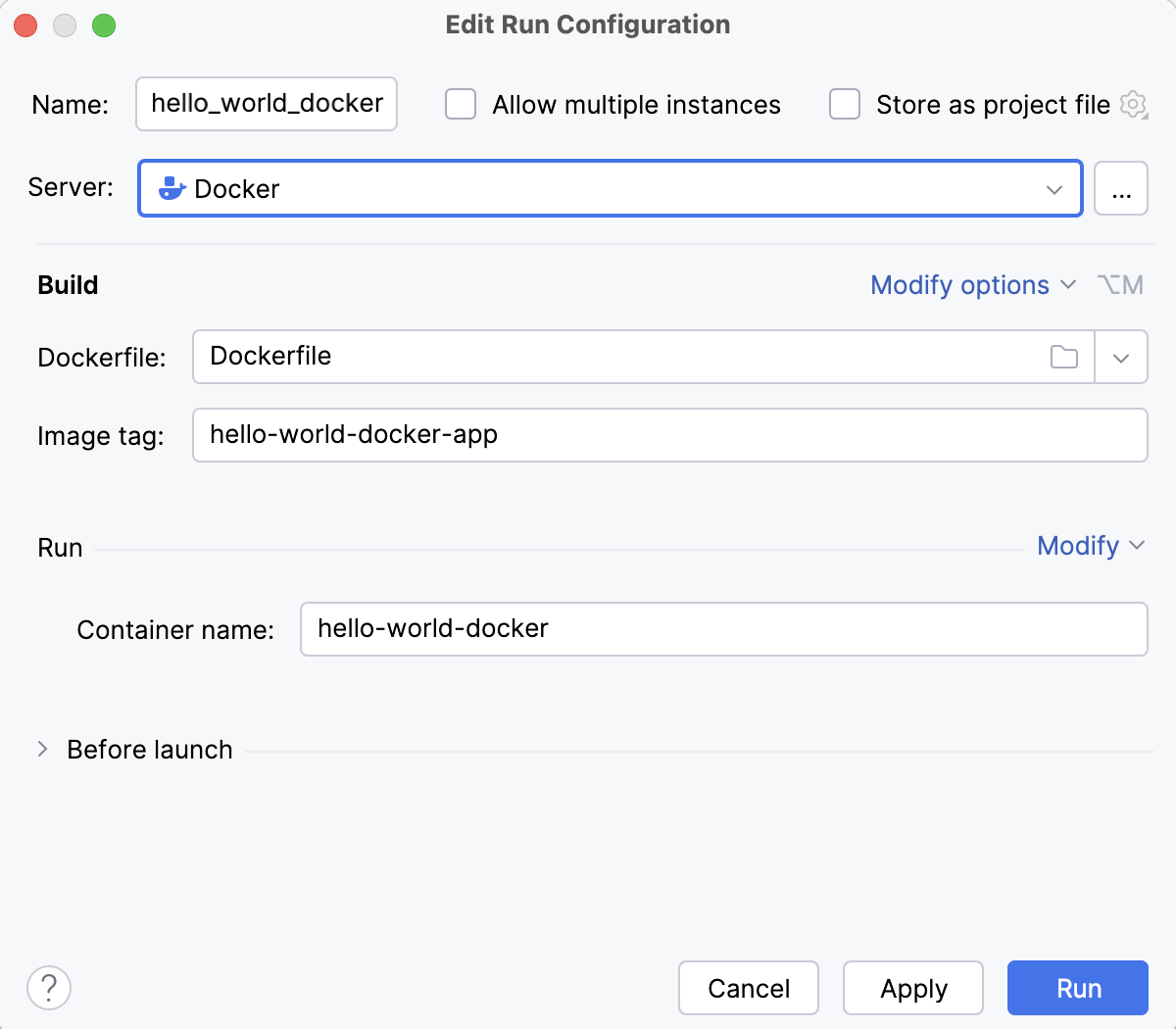 Run/debug configuration - image tag and container name specified Run/debug configuration - image tag and container name specified