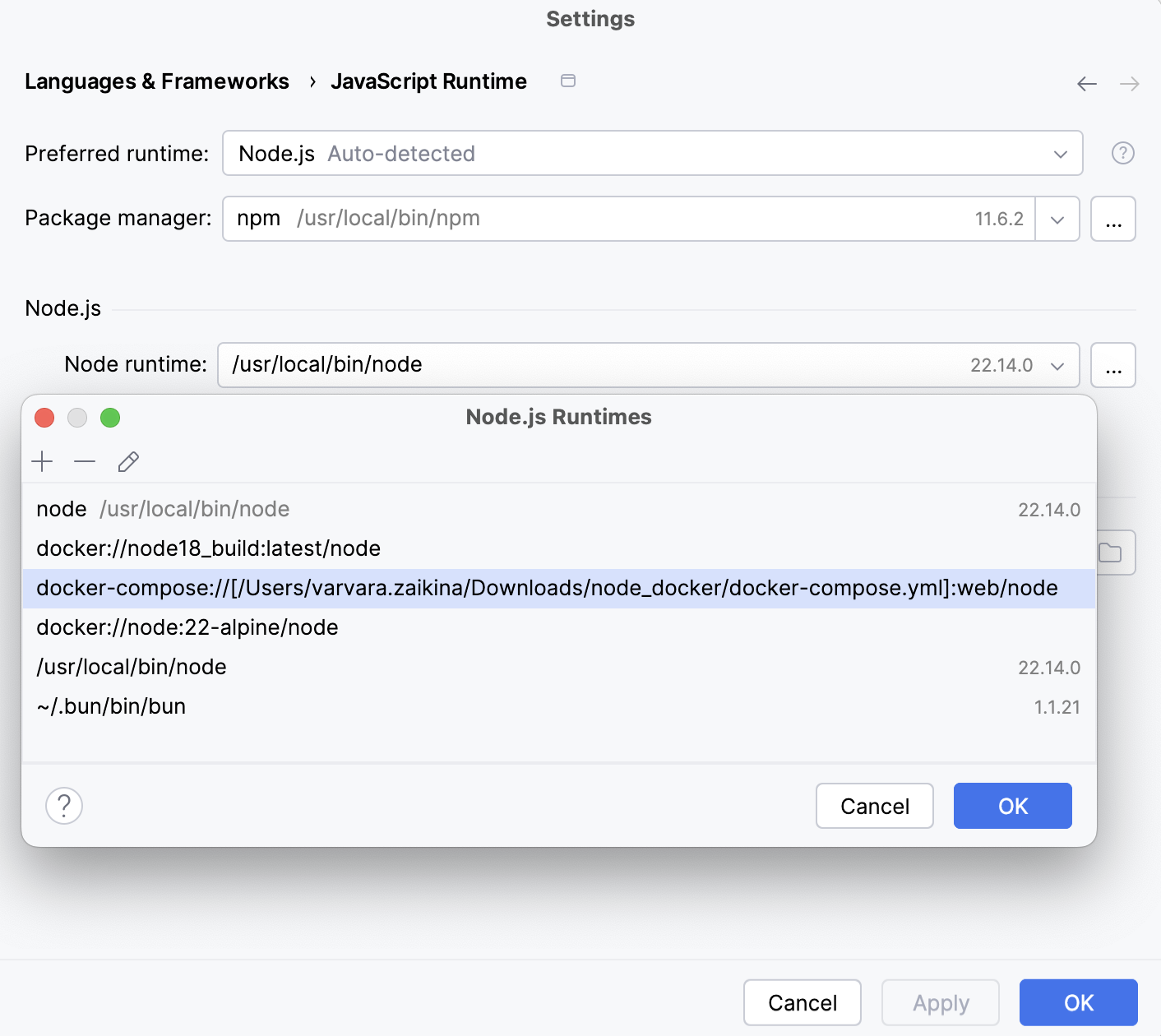 Remote runtimes dialog: the new Node.js runtime in Docker added to the list