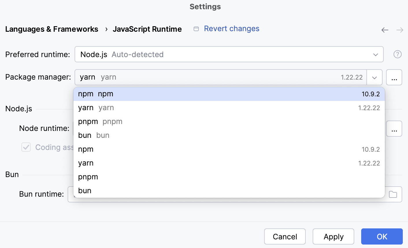 Settings: newly configured remote Node.js runtime selected as default