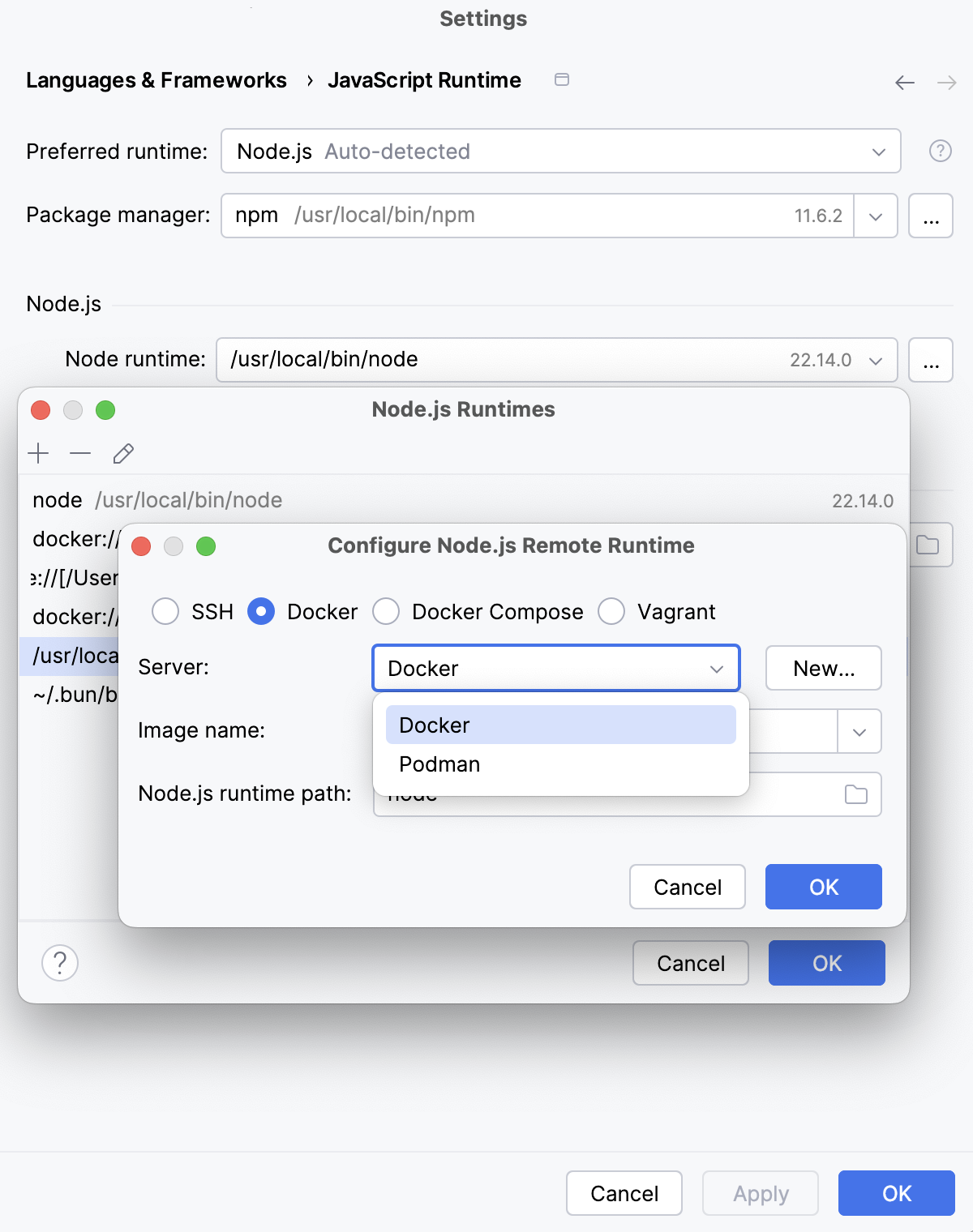 Configure Node.js runtime in a Docker container: select Docker server