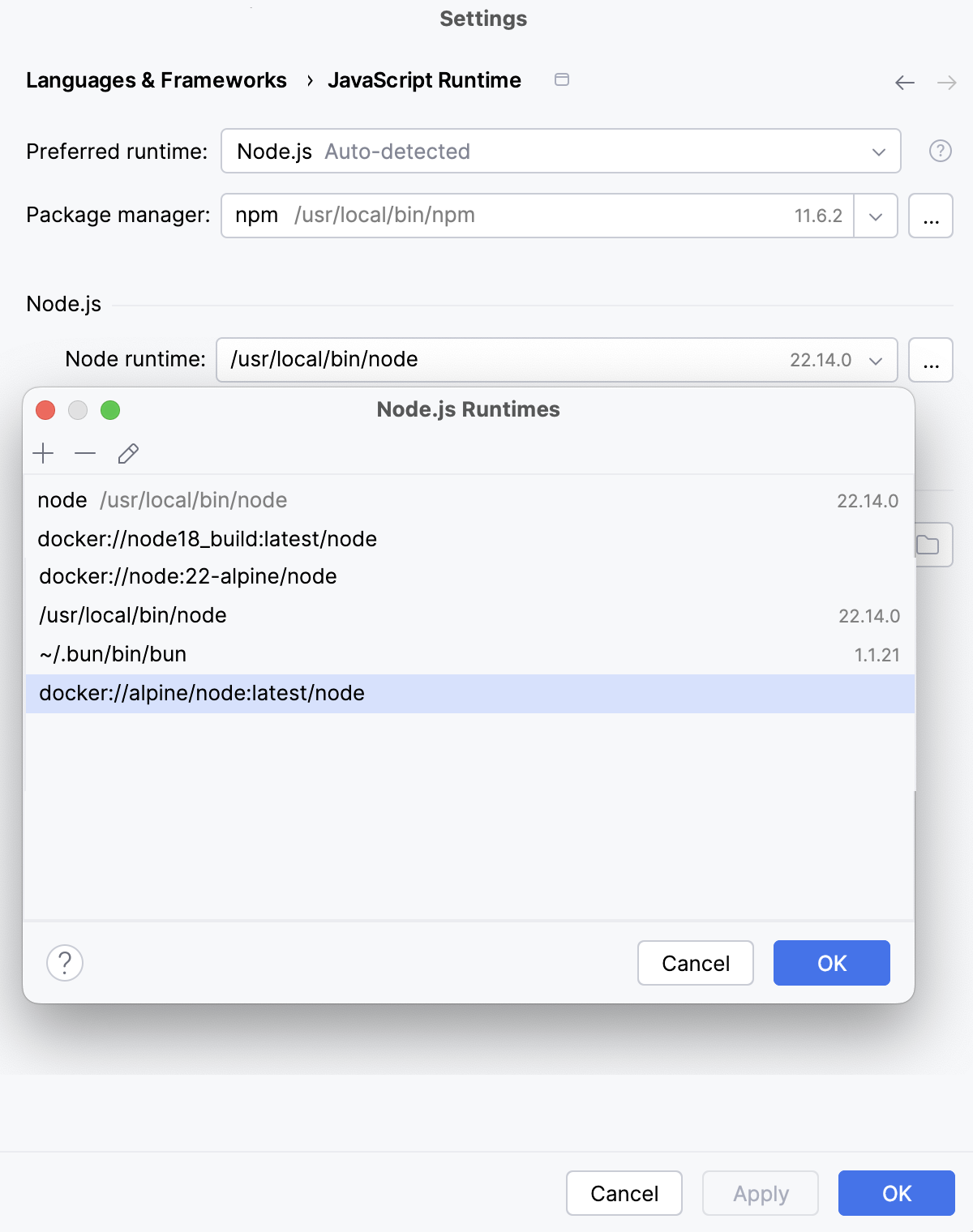 Remote runtimes dialog: the new Node.js runtime in Docker added to the list