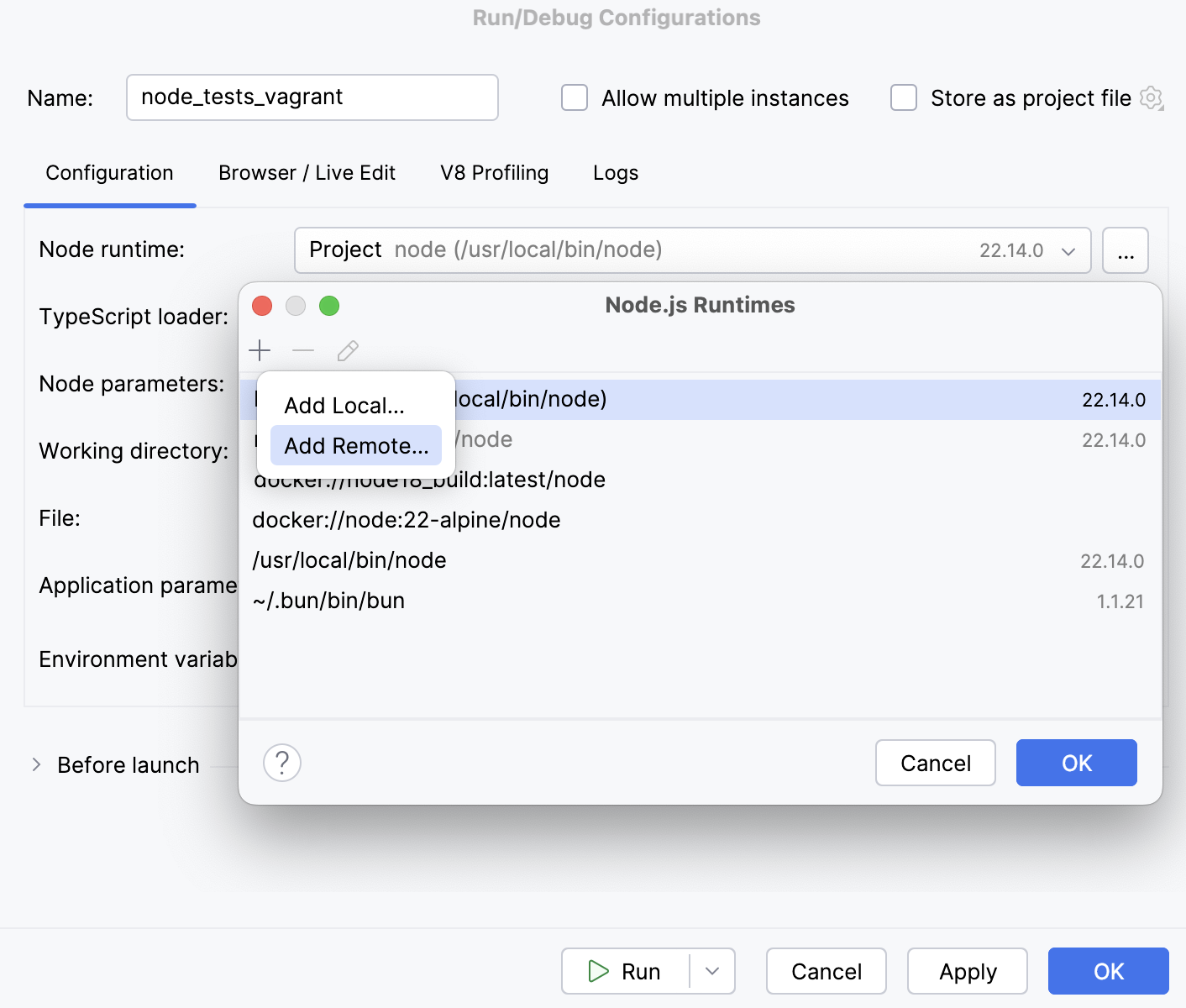 Remote runtimes dialog