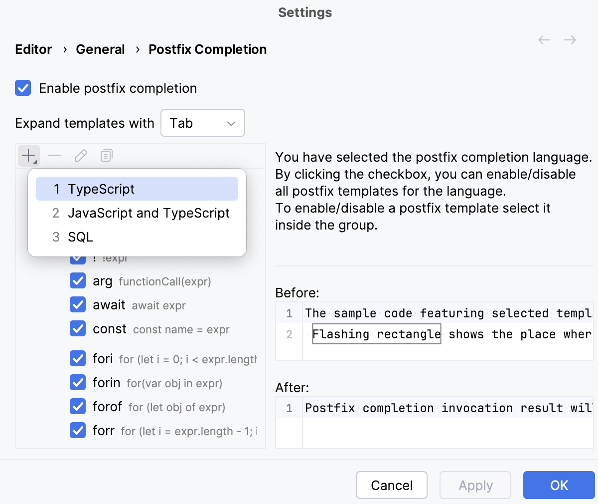 Create a custom postfix template: invoke dialog Create a custom postfix template: invoke dialog