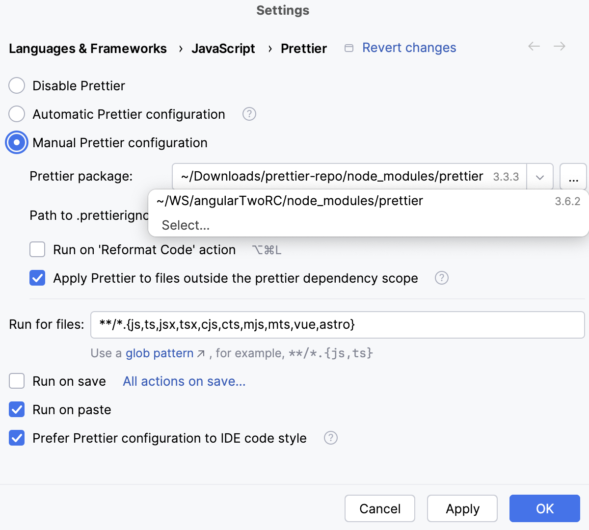 Configure Prettier: manual mode