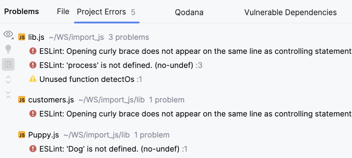 Problems tool window, ESLint. Project Errors tab shows syntax errors in previously opened files across the project