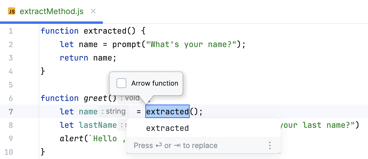 Extract method - choose the name of the function that will be extracted