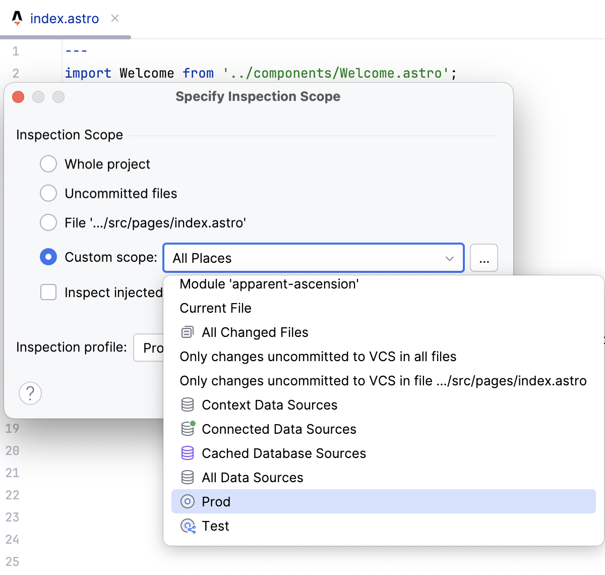 Select custom inspection scope Select custom inspection scope