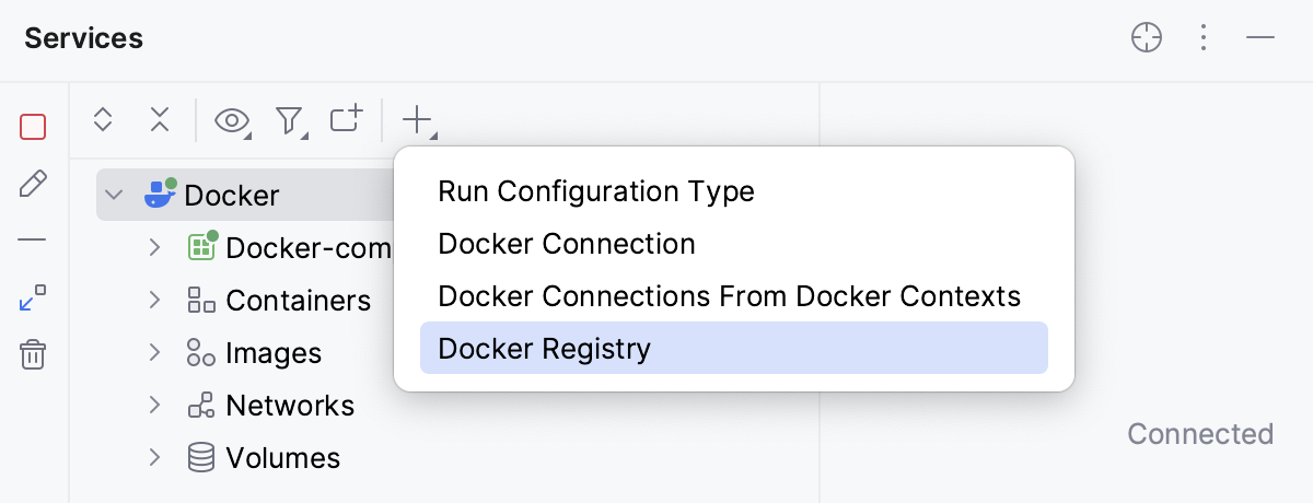 Services tool window - Add Docker Registry Services tool window - Add Docker Registry