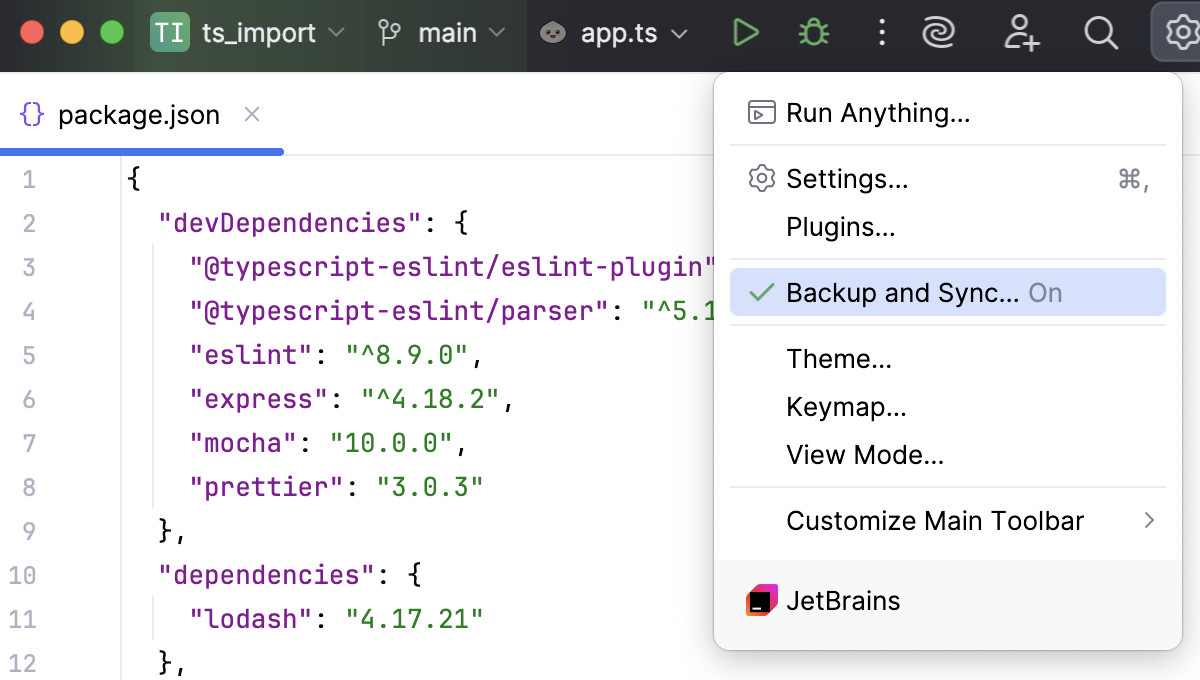 IDE and Project settings menu