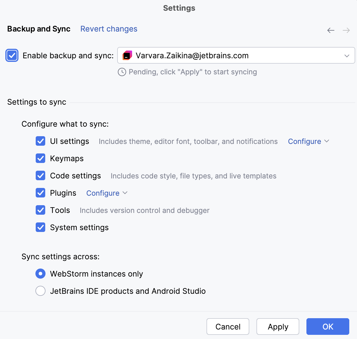 Settings Sync dialog