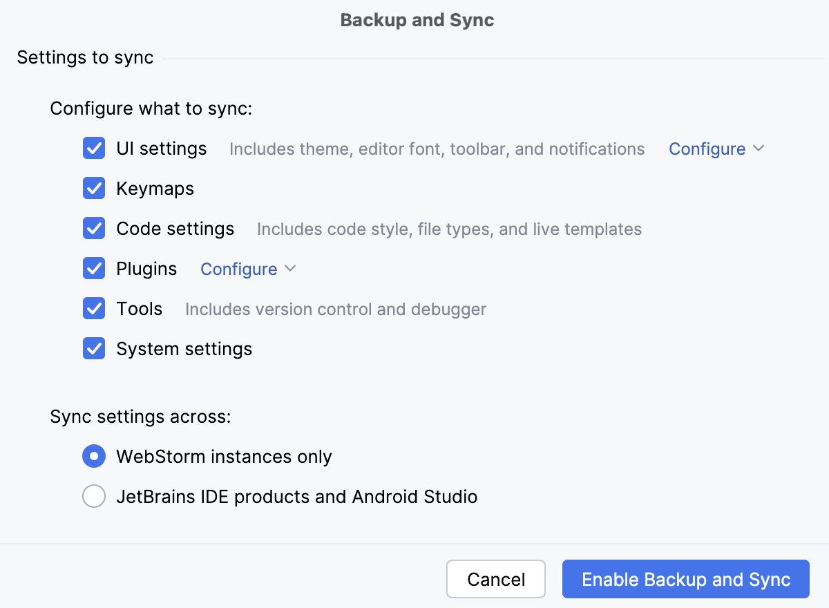 The Settings Sync window: no synced settings