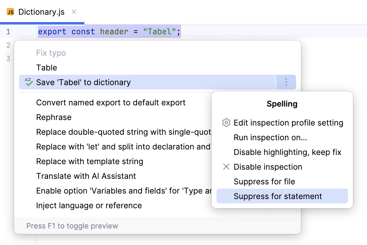 How to suppress the Typo inspection