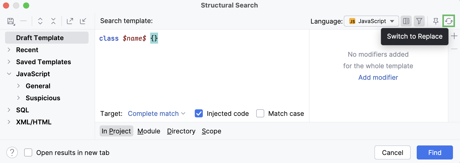 Structural Search dialog Structural Search dialog