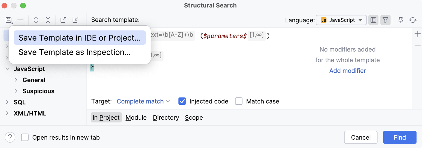Structural Search dialog: save template Structural Search dialog: save template