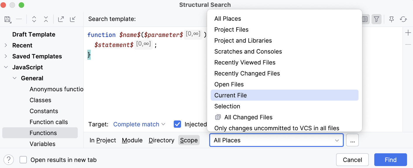 Specify scope - search in the current file Specify scope - search in the current file