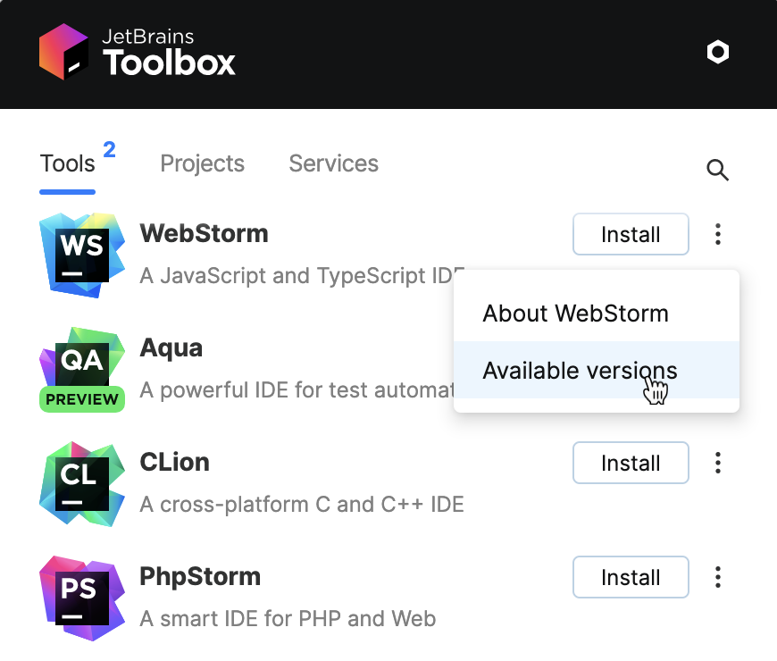 WebStorm in the Toolbox App WebStorm in the Toolbox App